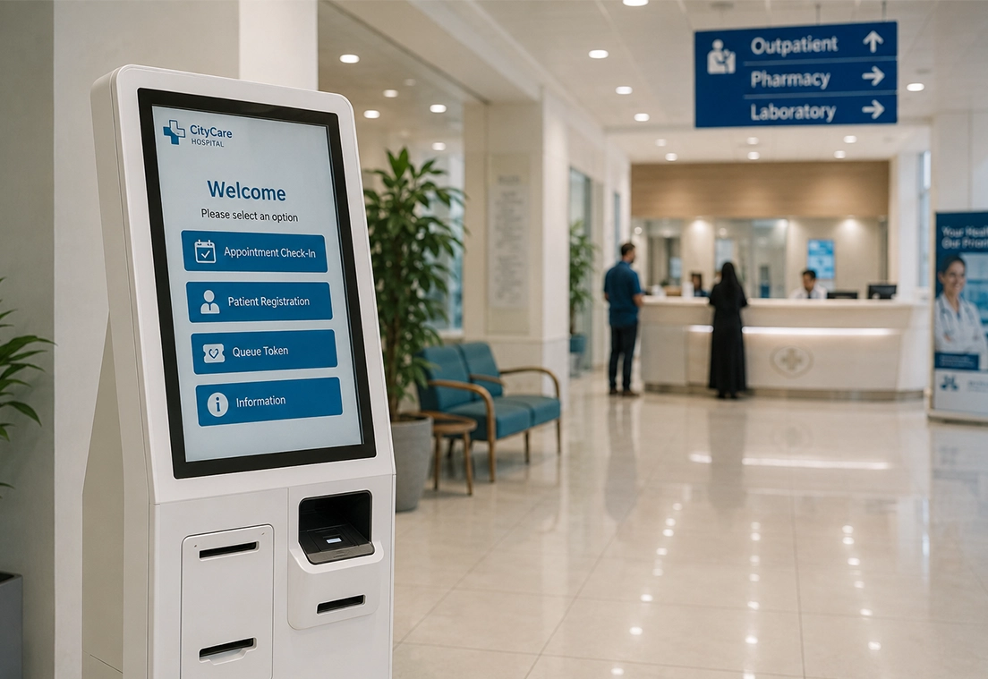 Self-service kiosk helping healthcare patients access information and complete routine services independently