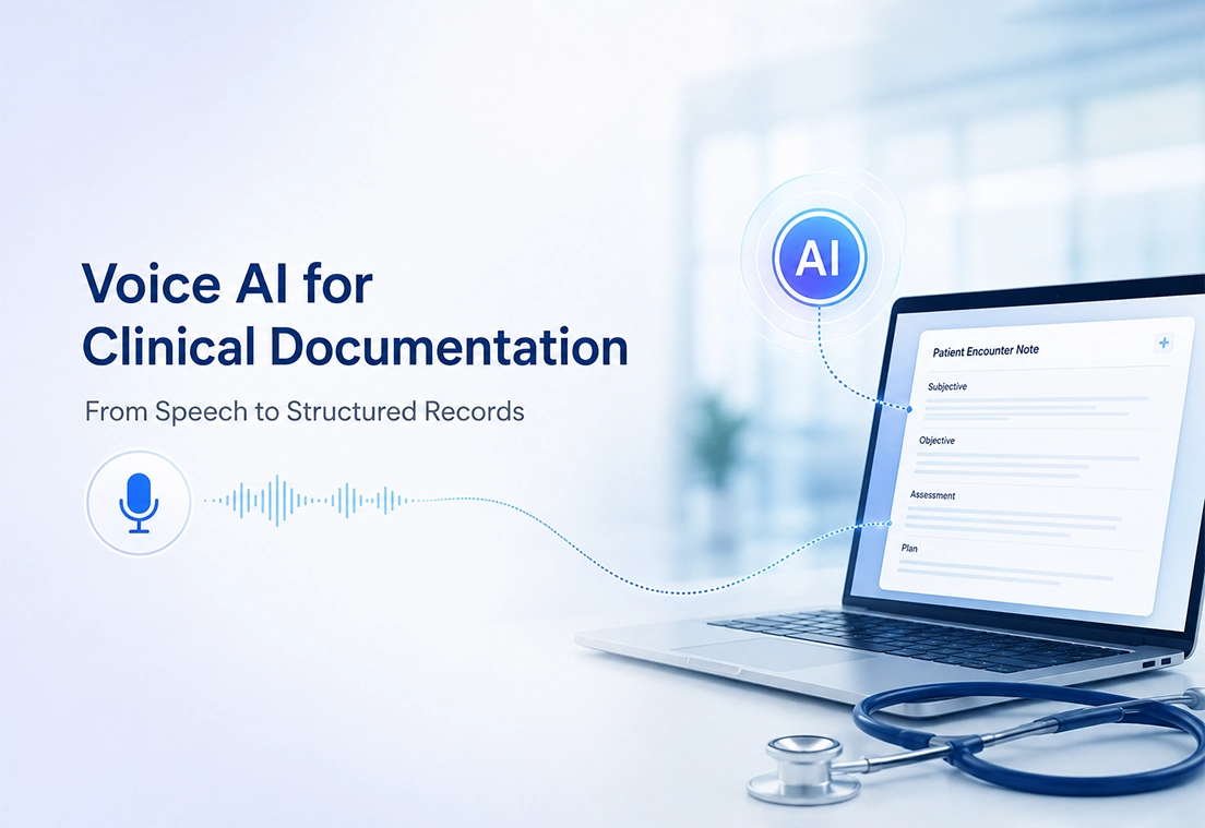 Voice AI supporting clinical documentation by converting healthcare conversations into structured medical records